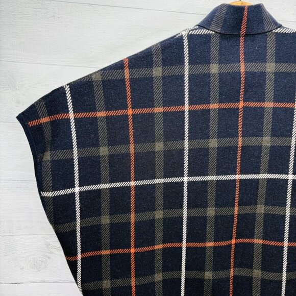 Tahari Plaid Zip Front Poncho Cape Sweater Knit Navy Multicolor Women’s S/M - Picture 9 of 15